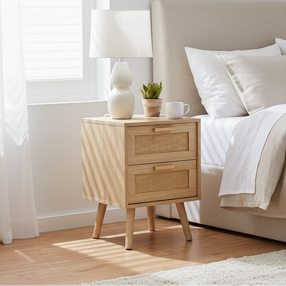 Rattan Nightstand, Tall Nightstand with Drawer, Modern Wood End Table, Side Table with Storage, Nightstand for Bedroom