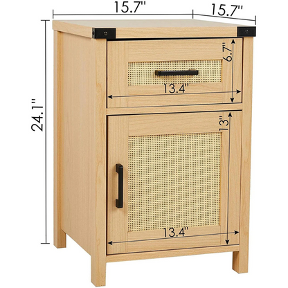 Rattan Nightstand Set of 2, Tall Nightstand with Drawer, Modern Wood End Table, Side Table with Storage, Nightstand for Bedroom