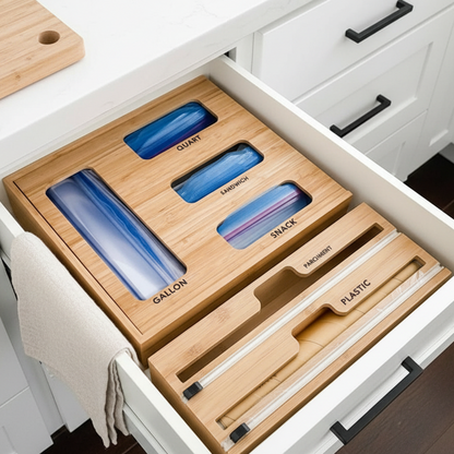 Bag Storage Organizer for Kitchen Drawer, Bamboo Organizer, Compatible with Gallon, Quart, Sandwich and Snack Variety Size Bag (4 Pack) 