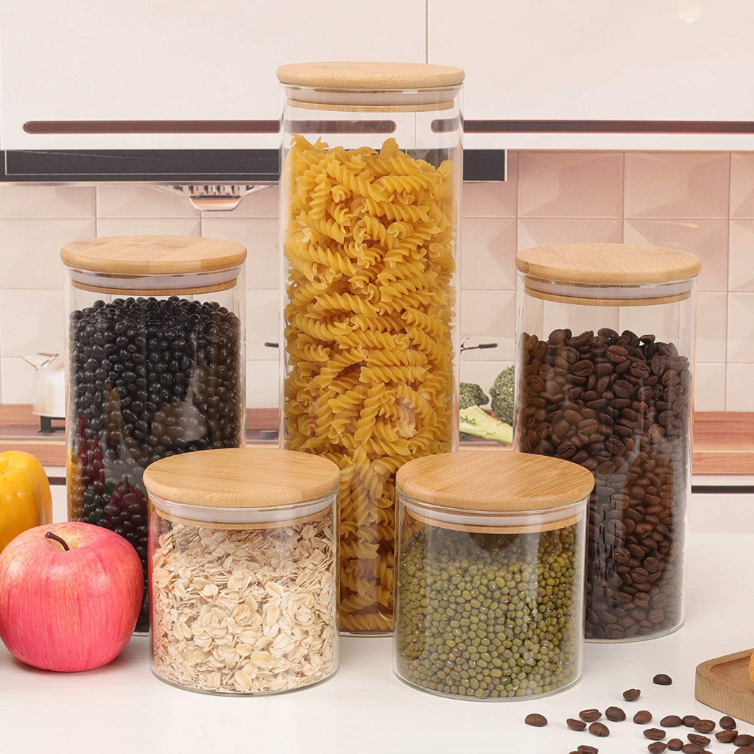 Glass Canisters with Airtight Bamboo Lids for Kitchen & Pantry (Set of 5)