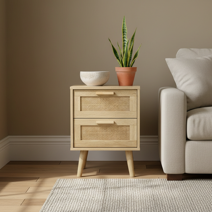 Rattan Nightstand, Tall Nightstand with Drawer, Modern Wood End Table, Side Table with Storage, Nightstand for Bedroom