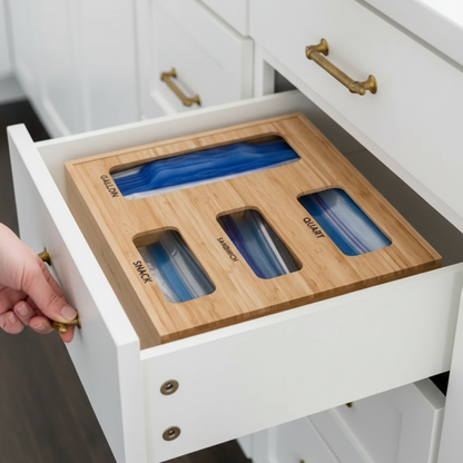 Bag Storage Organizer for Kitchen Drawer, Bamboo Organizer, Compatible with Gallon, Quart, Sandwich and Snack Variety Size Bag (4 Pack) 