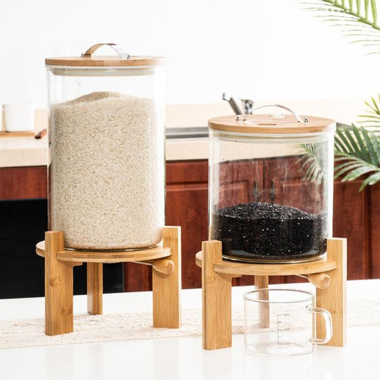 Glass Food Dispenser with Airtight Bamboo Lids & Wooden Stand