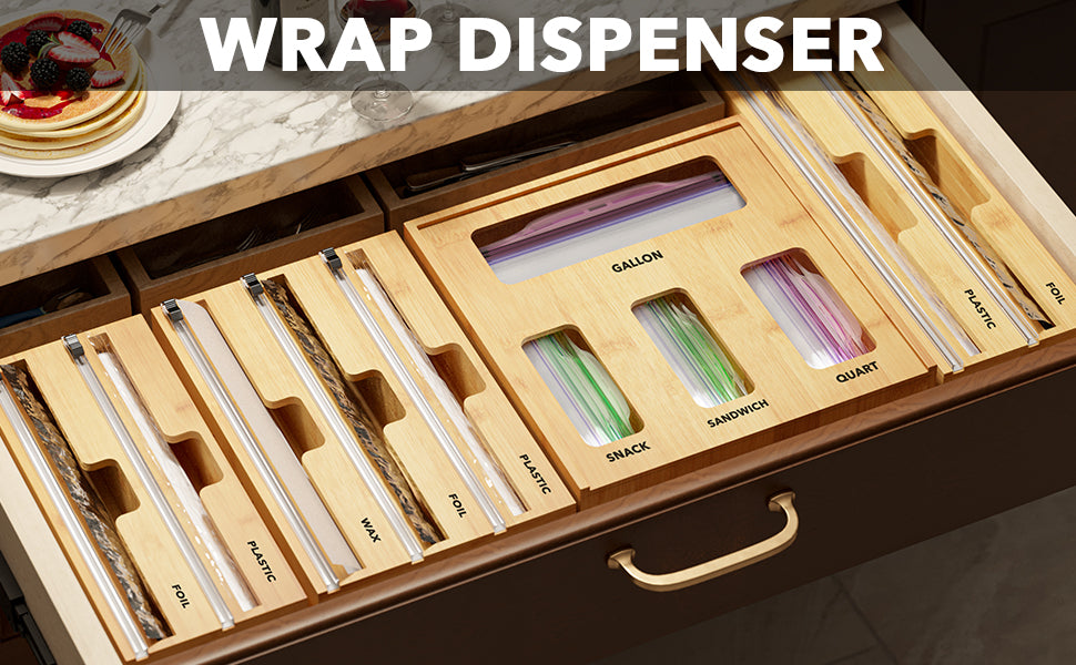 Wrap Dispenser with Cutter and Labels, Plastic Wrap, Aluminum Foil and Wax Paper Dispenser for Kitchen Drawer, Bamboo Roll Organizer Holder
