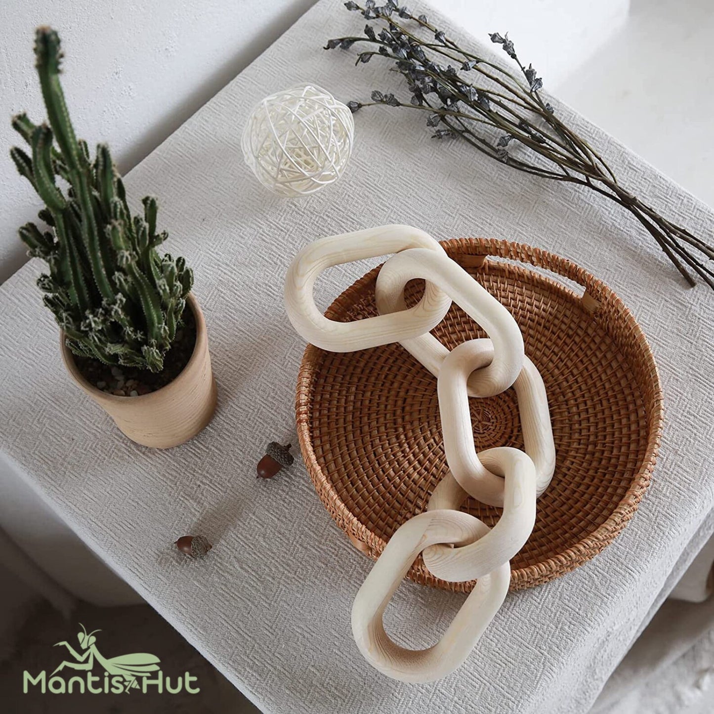 Wood Chain Link Decor, Hand Carved Pine Wood Chain Decor, Modern Farmhouse Decor Set, Wood Chain Link and Bead Garland Set, 21.6 inches link