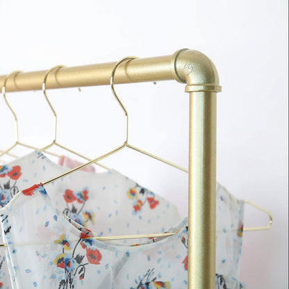 Gold Metal Clothing Rack with Wood Shelf, Heavy Duty Rolling Garment Rack with Wheels for Bedroom Retail Boutique Use