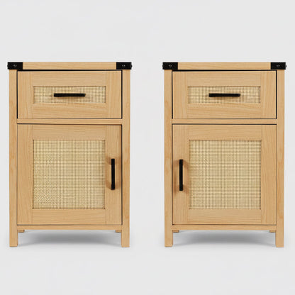 Rattan Nightstand Set of 2, Tall Nightstand with Drawer, Modern Wood End Table, Side Table with Storage, Nightstand for Bedroom