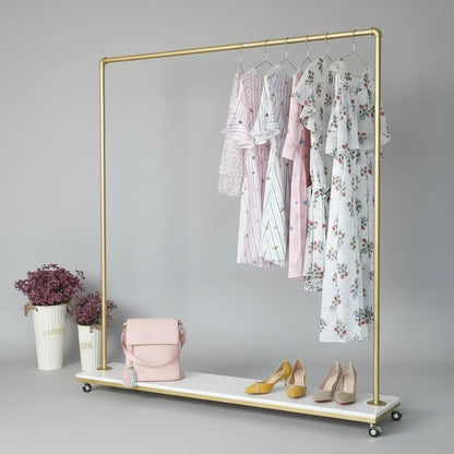 Gold Metal Clothing Rack with Wood Shelf, Heavy Duty Rolling Garment Rack with Wheels for Bedroom Retail Boutique Use