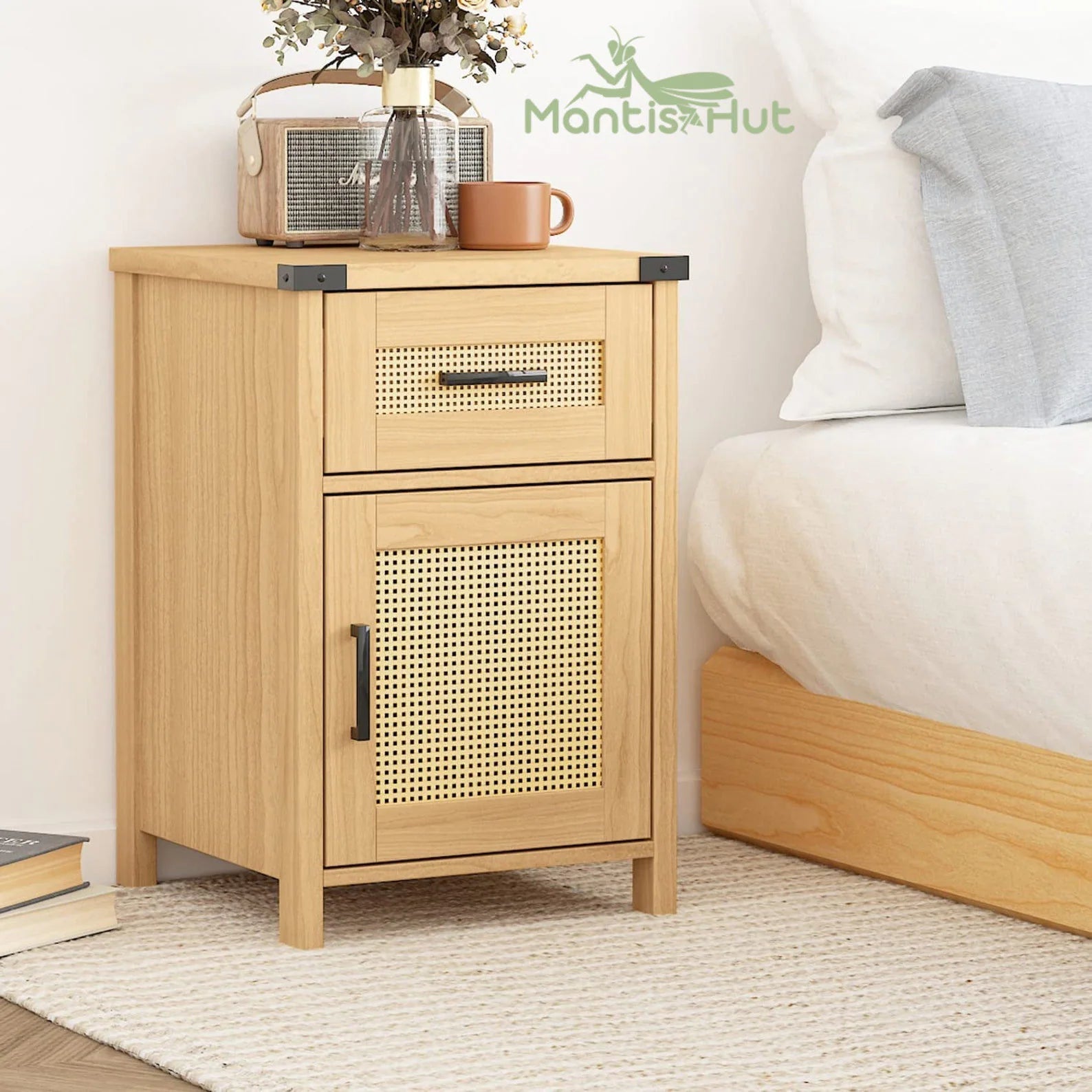 Rattan Nightstand Set of 2, Tall Nightstand with Drawer, Modern Wood End Table, Side Table with Storage, Nightstand for Bedroom