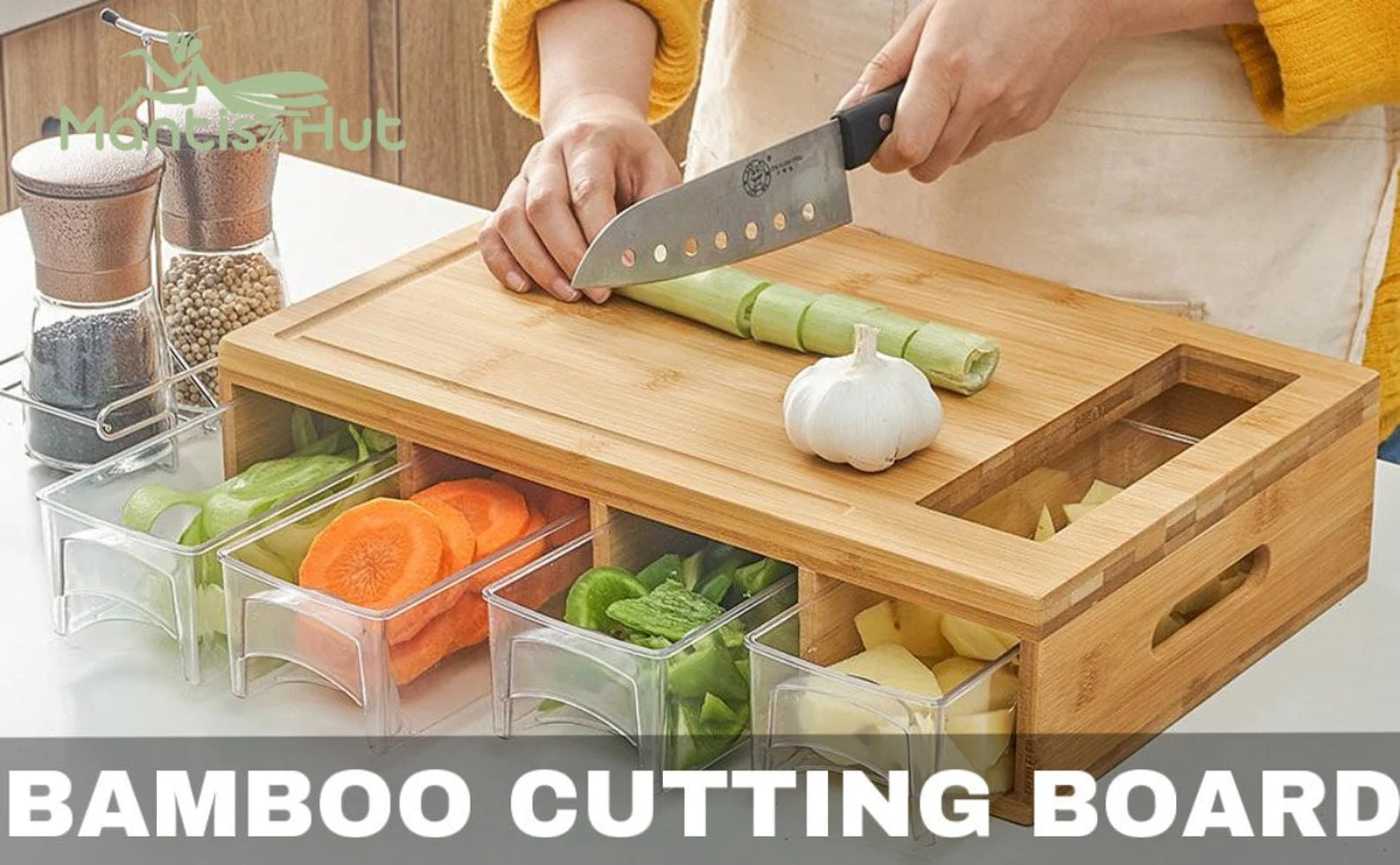 Kitchen Cutting Board Bamboo Chopping Board w/ 4 Food Storage Container +  grater