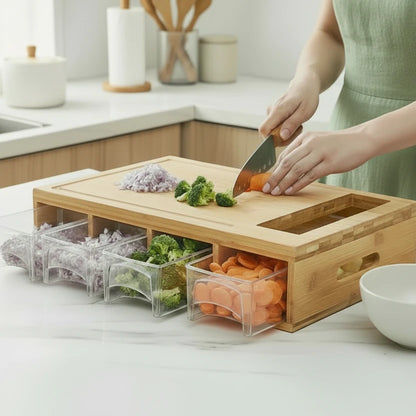 Bamboo Cutting Board with Containers, Lids, Graters, Carving Board with Trays for Food Storage, Transport and Cleanup, Easy Meal Prep